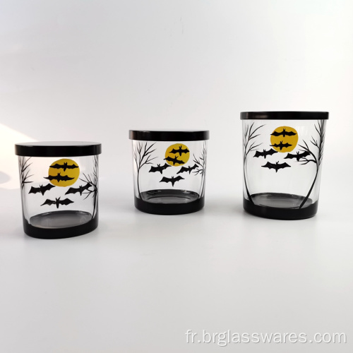 Pot de bougie en verre cadeau Halloween avec couvercle en métal noir